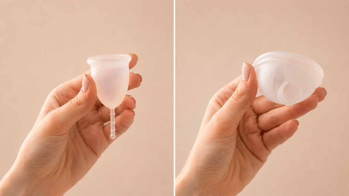 Two images of a hand holding a silicone menstrual cup and menstrual disc against a beige background